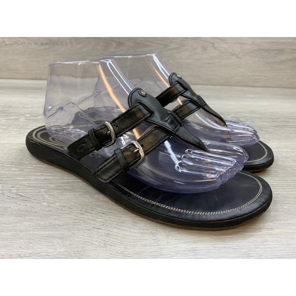 Olukai Honoka'a-W Black Leather Buckle Thong Sandals Women's 9 W Casual Shoes